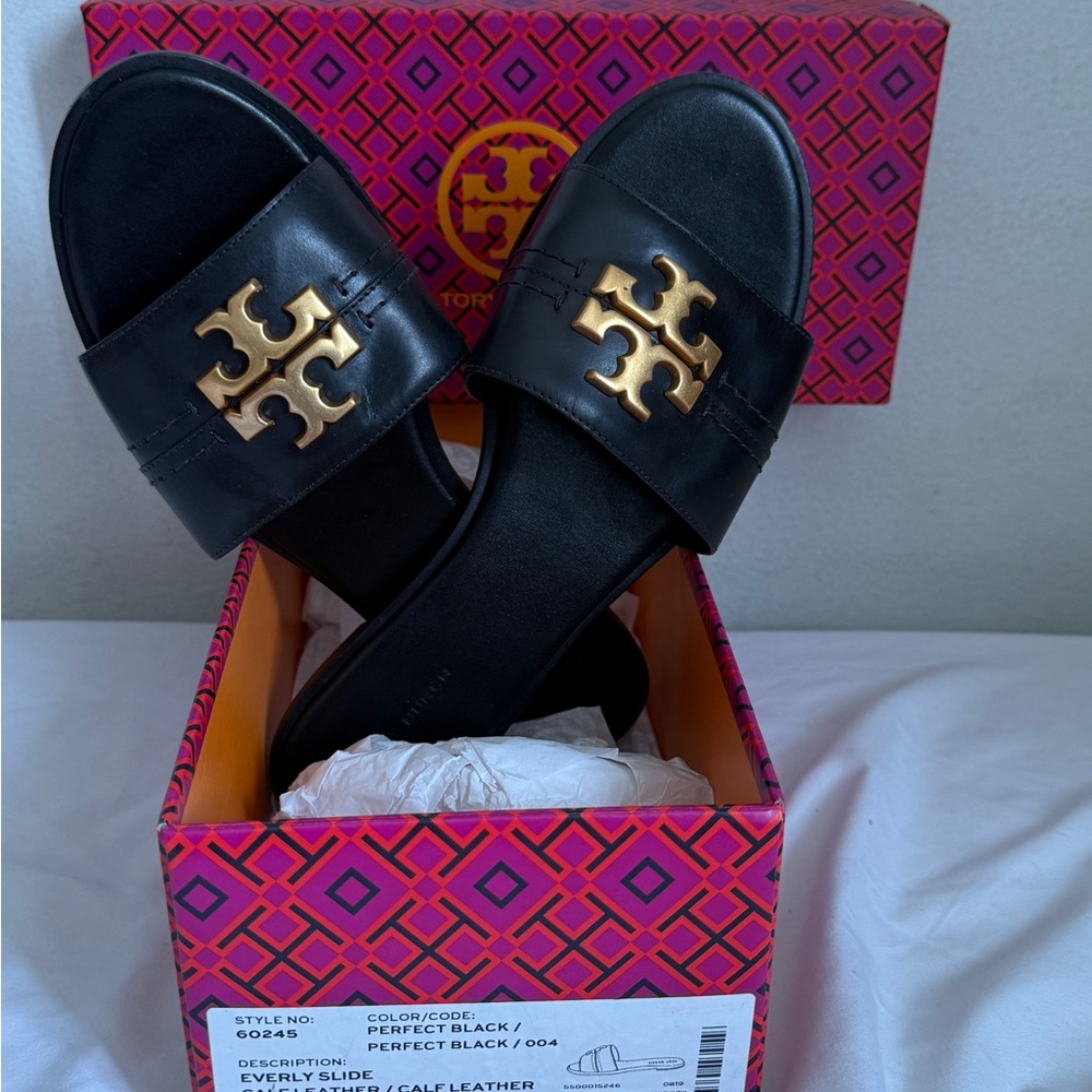 Tory Burch Black Slides with Gold Emblem